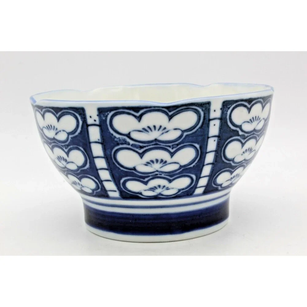 Rice Bowls Ume Japanese Porcelain Set of 4 Blue White Plum Blossom Vintage